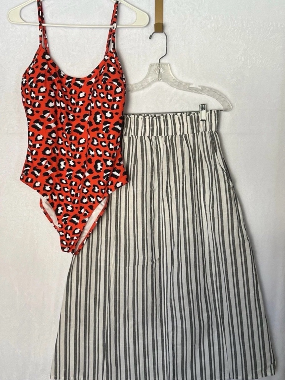 Cupshe Red Leopard Print Swimsuit & Deja Bleu 100% Cotton Striped Skirt Set Sz M